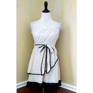 Beige Black Ruffle Trim Strapless Silk Party Dress Ya Los Angeles from ModCloth